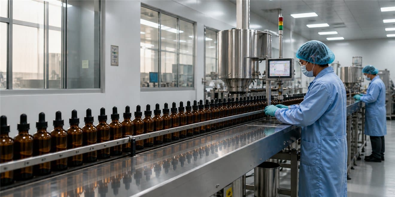 Tincture bottles moving along a bottling line