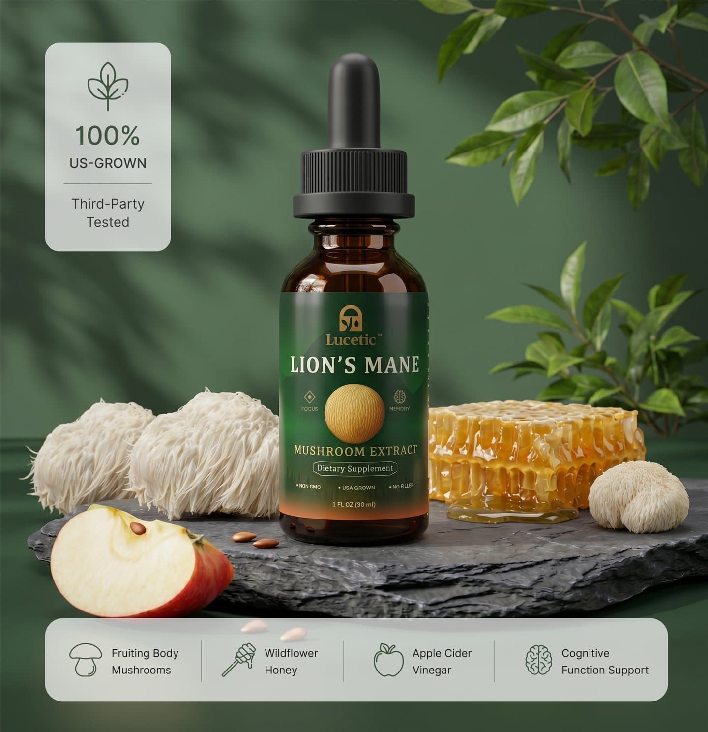 Lucetic Lion’s Mane extract bottle with fresh lion’s mane mushrooms and honeycomb