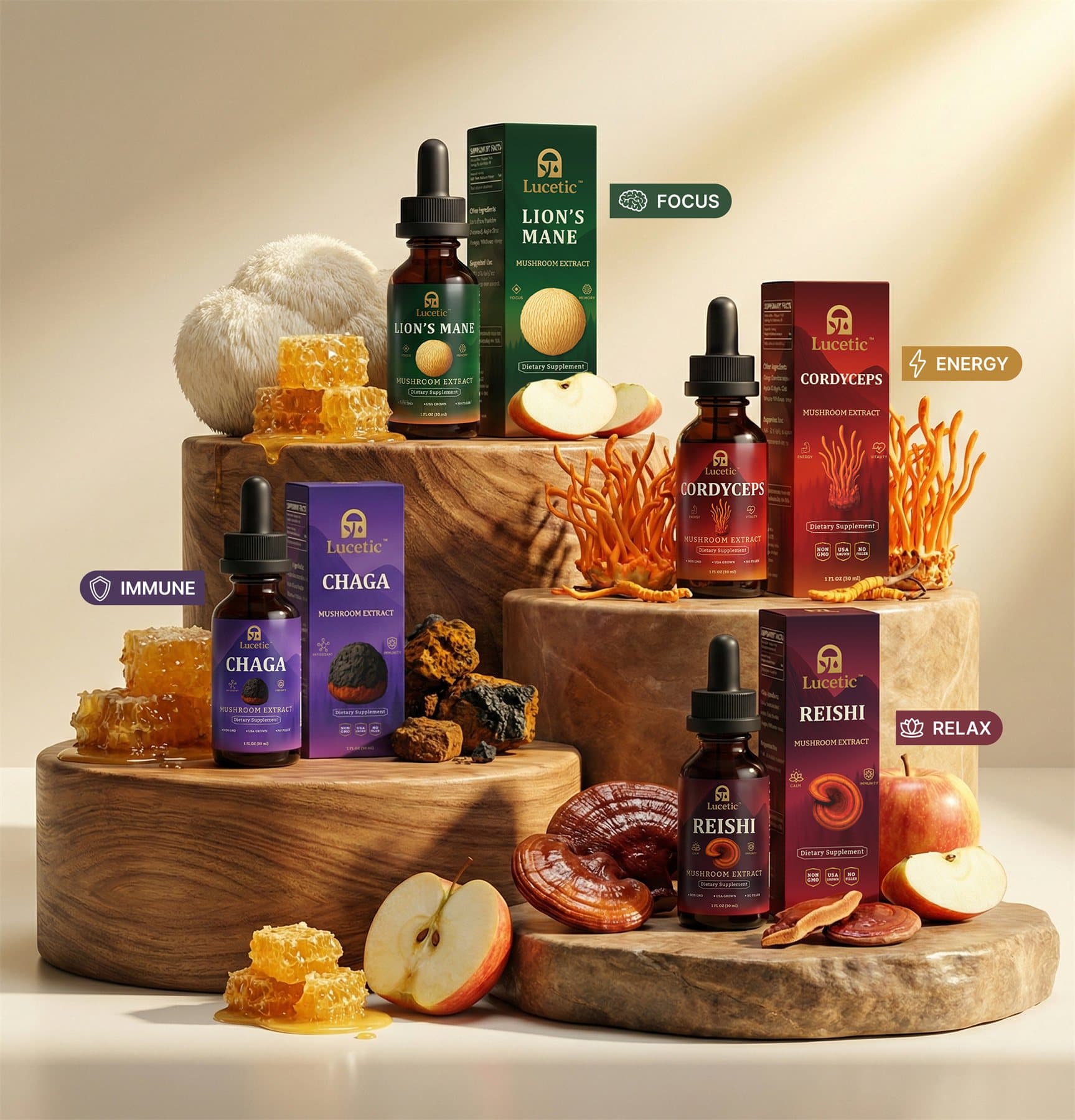 Lucetic Lion's Mane, Cordyceps, Chaga, and Reishi extracts displayed on wooden pedestals